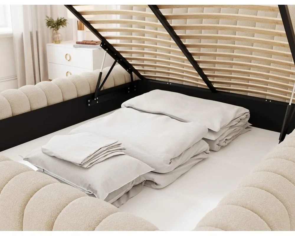 Beżowe tapicerowane łóżko dwuosobowe ze schowkiem ze stelażem 160x200 cm Carilla – ELTAP