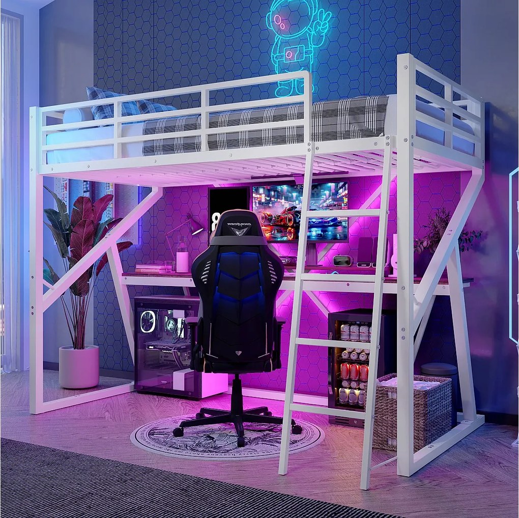 Łóżko piętrowe dla dzieci - 90 x 200 cm - rama żeliwna - z diodami LED + schody + biurko - Metal + MDF - białe