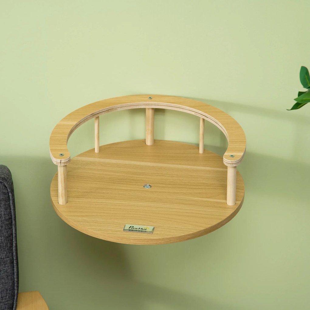 PawHut Ścienne Legowisko dla Kota, z Ochronnym Brzegiem, Poduszką, do Montażu na Ścianie, Dąb + Kremowy, 34 x 34 x 10,5 cm