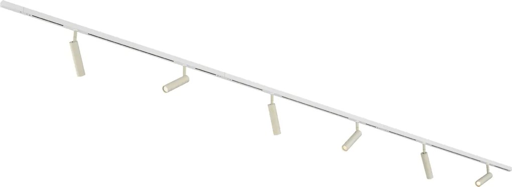 Nowoczesny system oświetlenia szynowego Slimline Uzzy z 6 reflektorami w kolorze beżowym i białym, jednofazowy