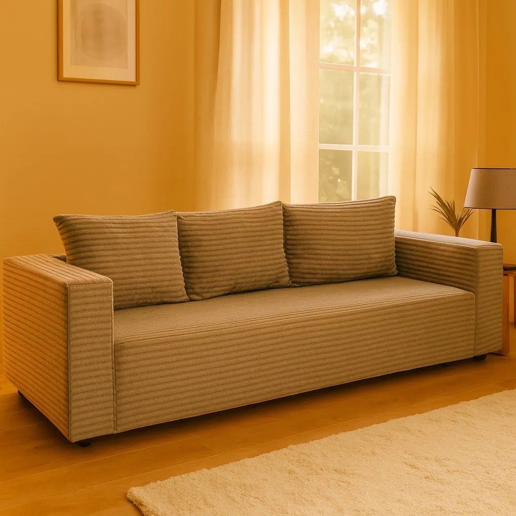 Nowoczesna, rozkładana kanapa z poduchami oparciowymi - Tilia, sztruks