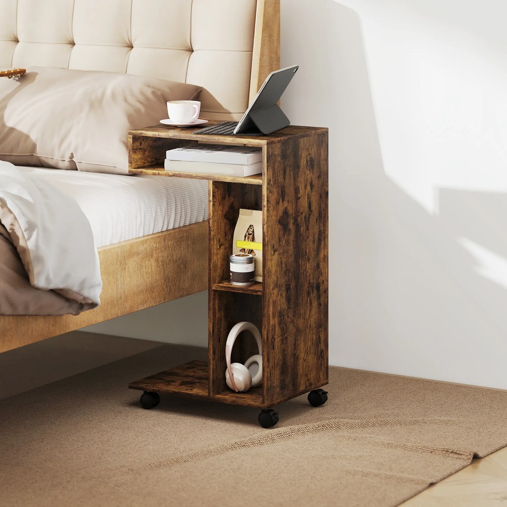 HOMCOM Stolik boczny, wózek serwisowy w kształcie C, 4 kółka, 3 przegródki, 40 x 30 x 69 cm, Rustykalny-brąz
