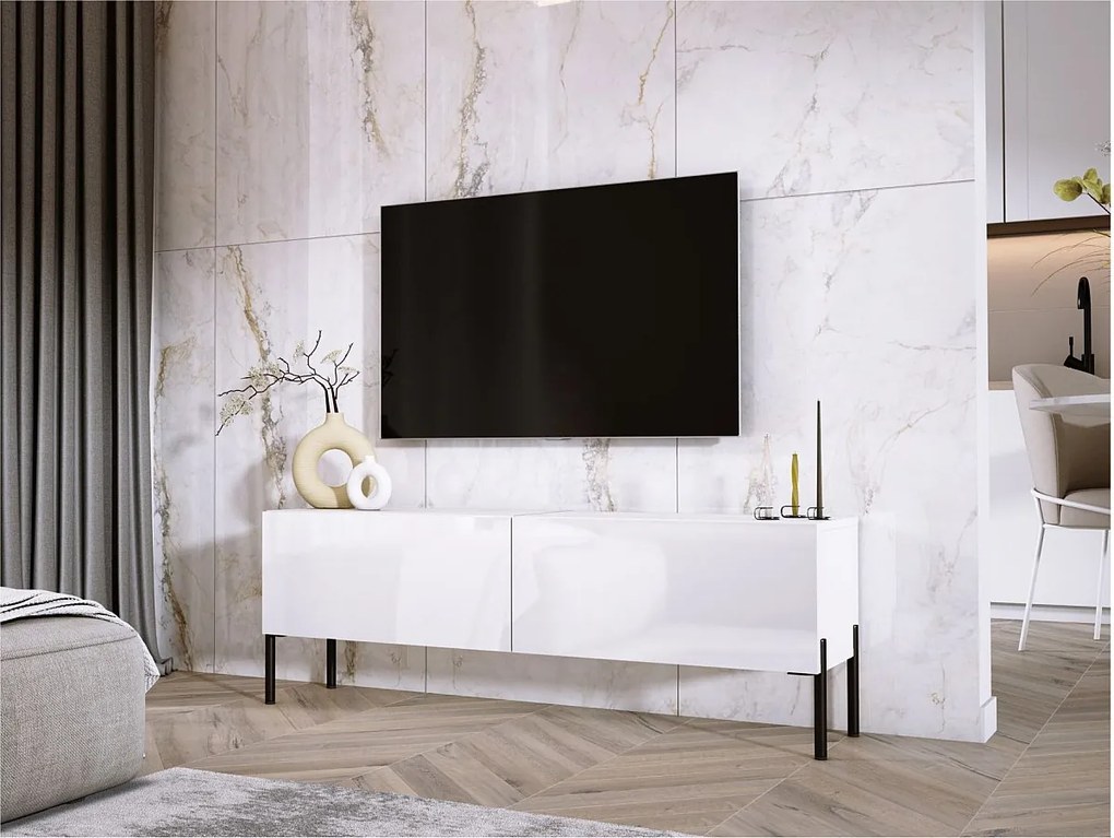 Szafka RTV: Biała Matowa / Biała Błyszcząca Z czarnymi nogami, 140 x 52 x 32 cm