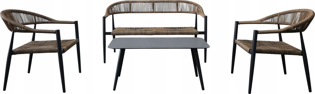 Zestaw mebli ogrodowych pleciony beżowy rama szara ławka, 2 krzesła, stolik