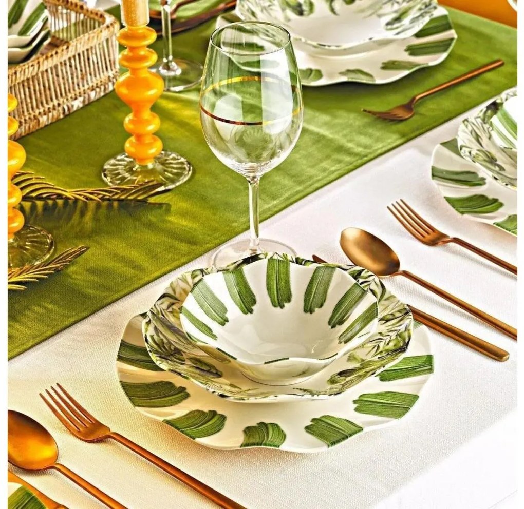 Komplet obiadowy 18 części, biały/zielony, porcelana