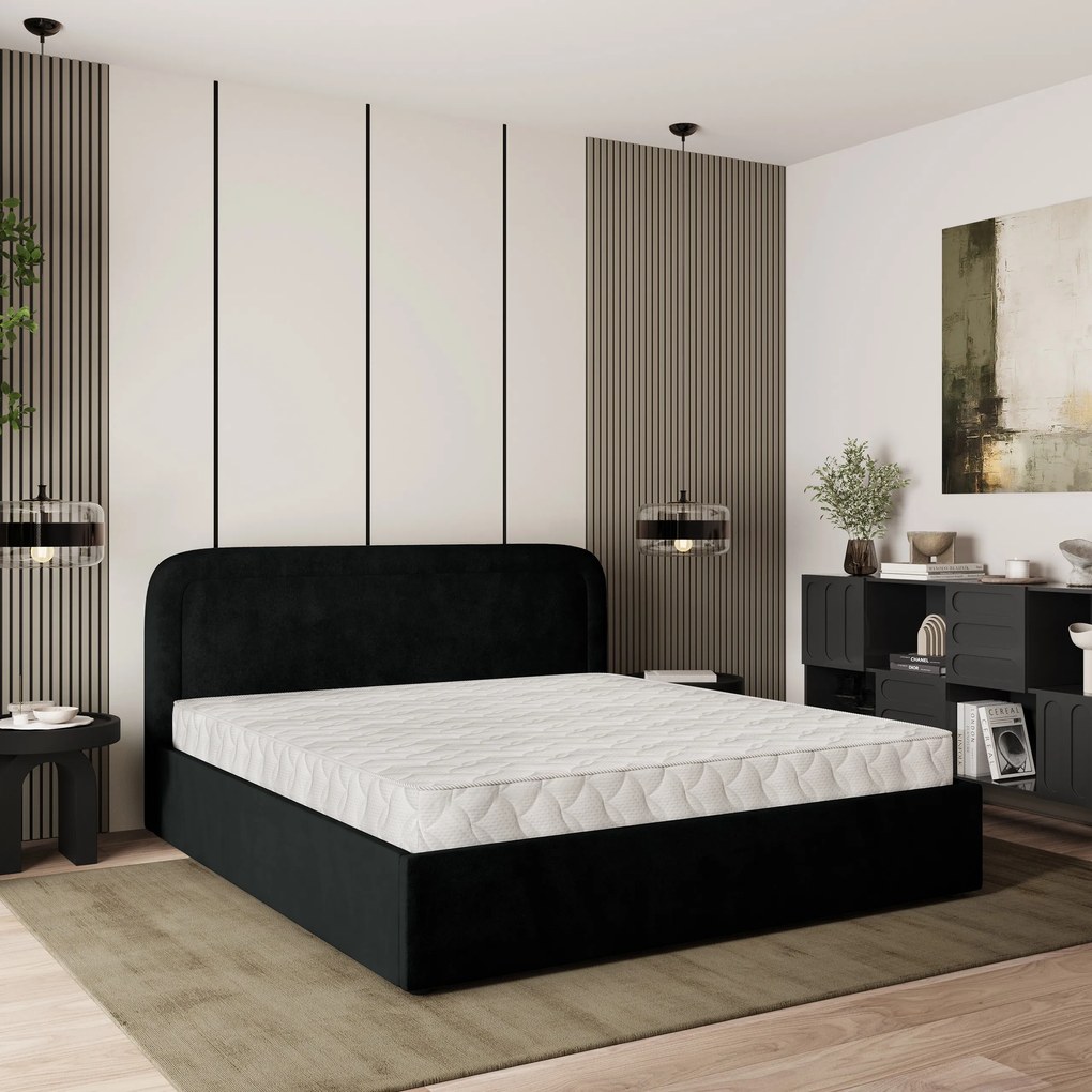 Masseno Łóżko Tapicerowane BENIRA z pojemnikiem na pościel 200x200 cm - Czarny, KRONOS 07