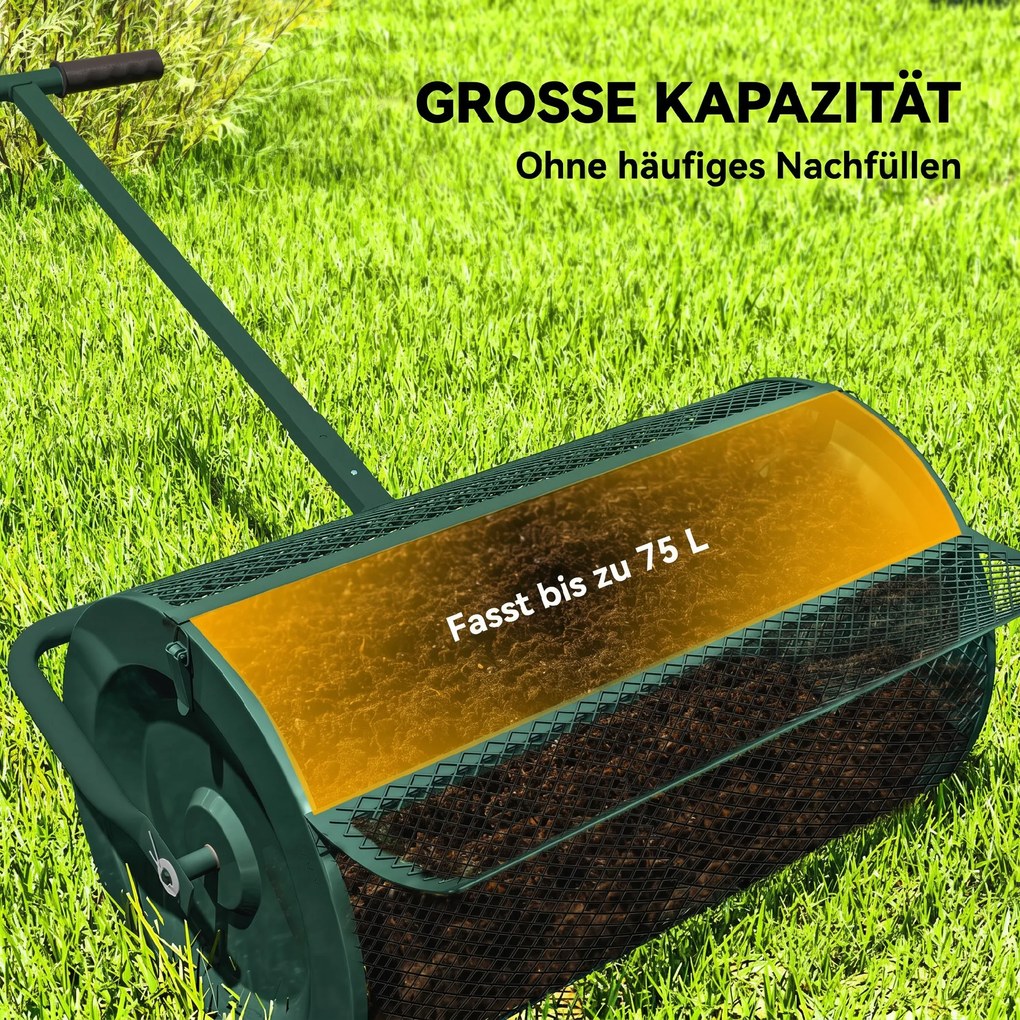 Outsunny Rozsiewacz kompostu 75 l 61x40cm rozsiewacz nawozu trawa ogród z uchwytem T kosz z siatki metal zielony | Aosom PL
