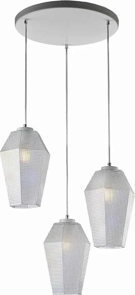 Lampa wisząca Prisma z białego lakierowanego żelaza, regulowane kable, przezroczyste klosze z dmuchanego szkła z tłoczonym wzorem, 3 światła