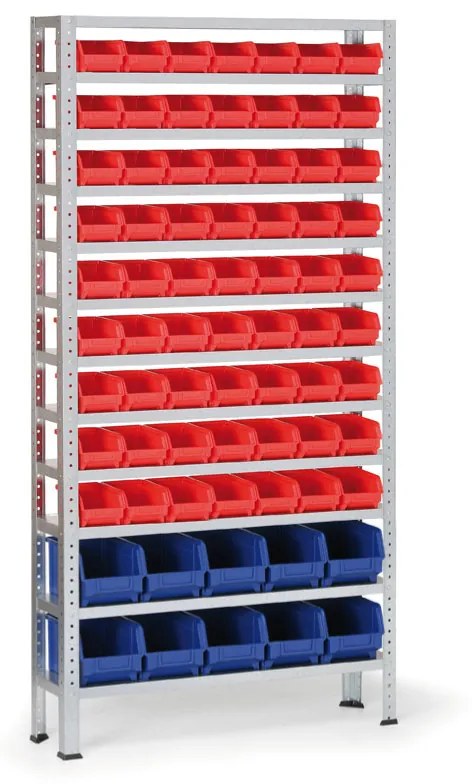 Regał z plastikowymi pojemnikami BASIC, 1730 x 850 x 300 mm, 63x pojemnik typu A + 10x pojemnik typu B
