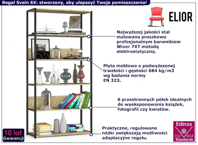 Otwarty regał z 6 półkami czarny + dąb artisan - Olav 6X