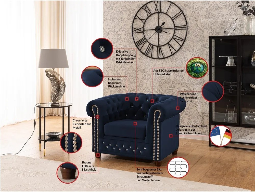 Niebieski aksamitny fotel typu chesterfield York Blik – Ropez