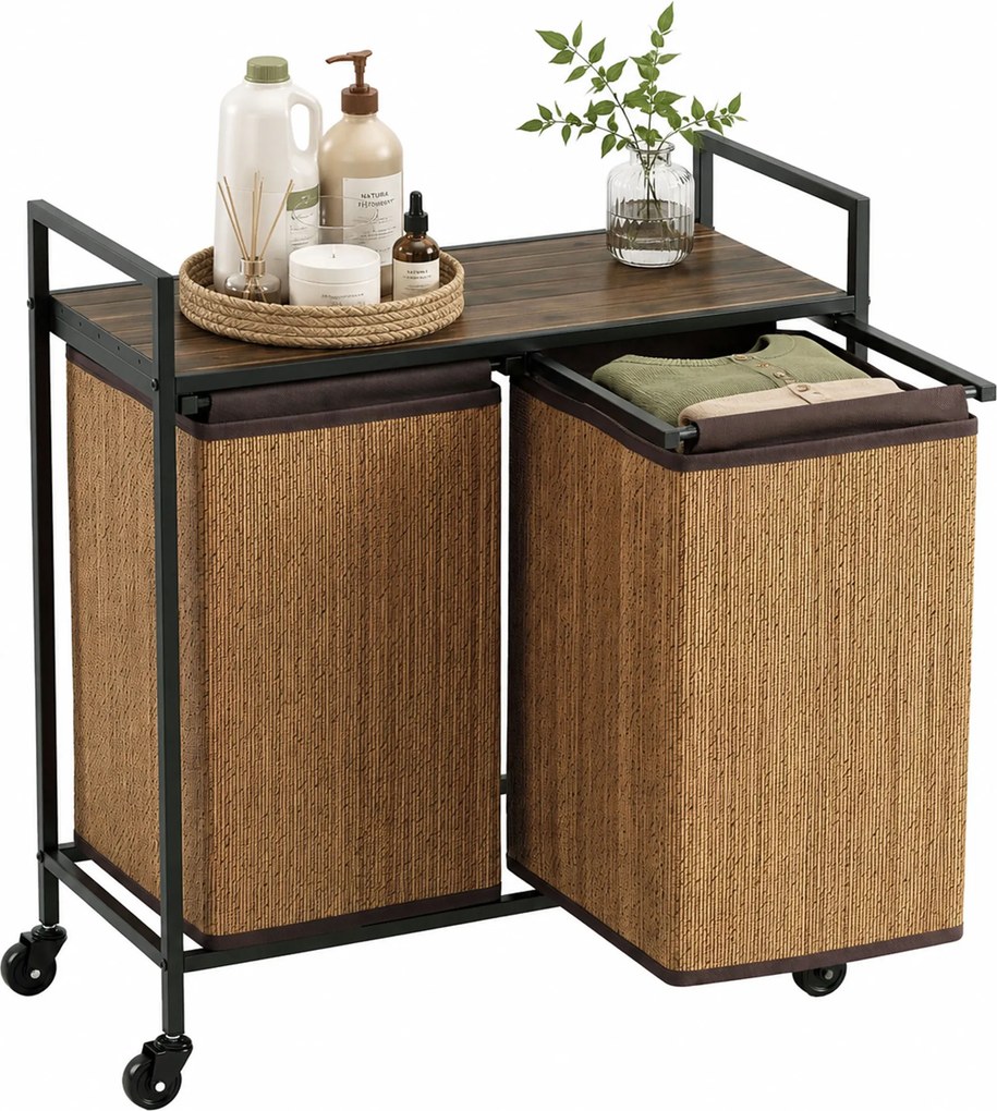 HOMCOM Kosz na pranie bambus 2 komory 120 l, pojemnik z półką, worek na pranie, na kółkach 73x33x78 cm, Brązowy | Aosom PL