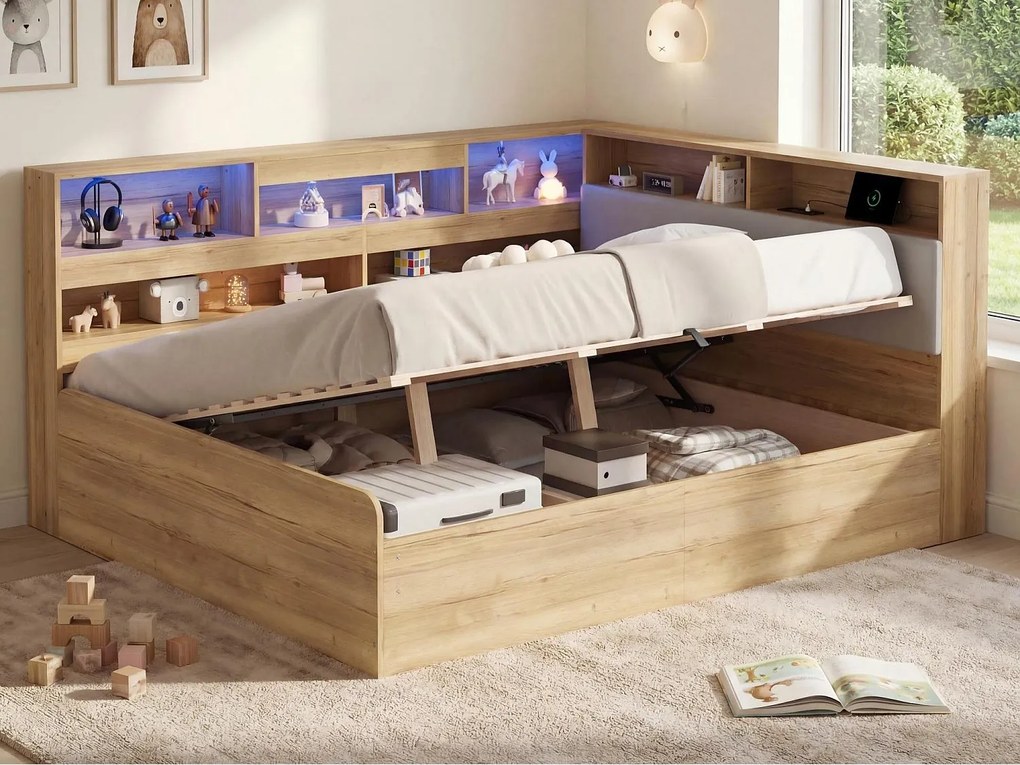 Łóżko dziecięce z pojemnikiem 140x200cm - z portem USB i LED - Przechowywanie pod łóżkiem - Przegródki do przechowywania - MDF - Naturalny​ (bez materaca)