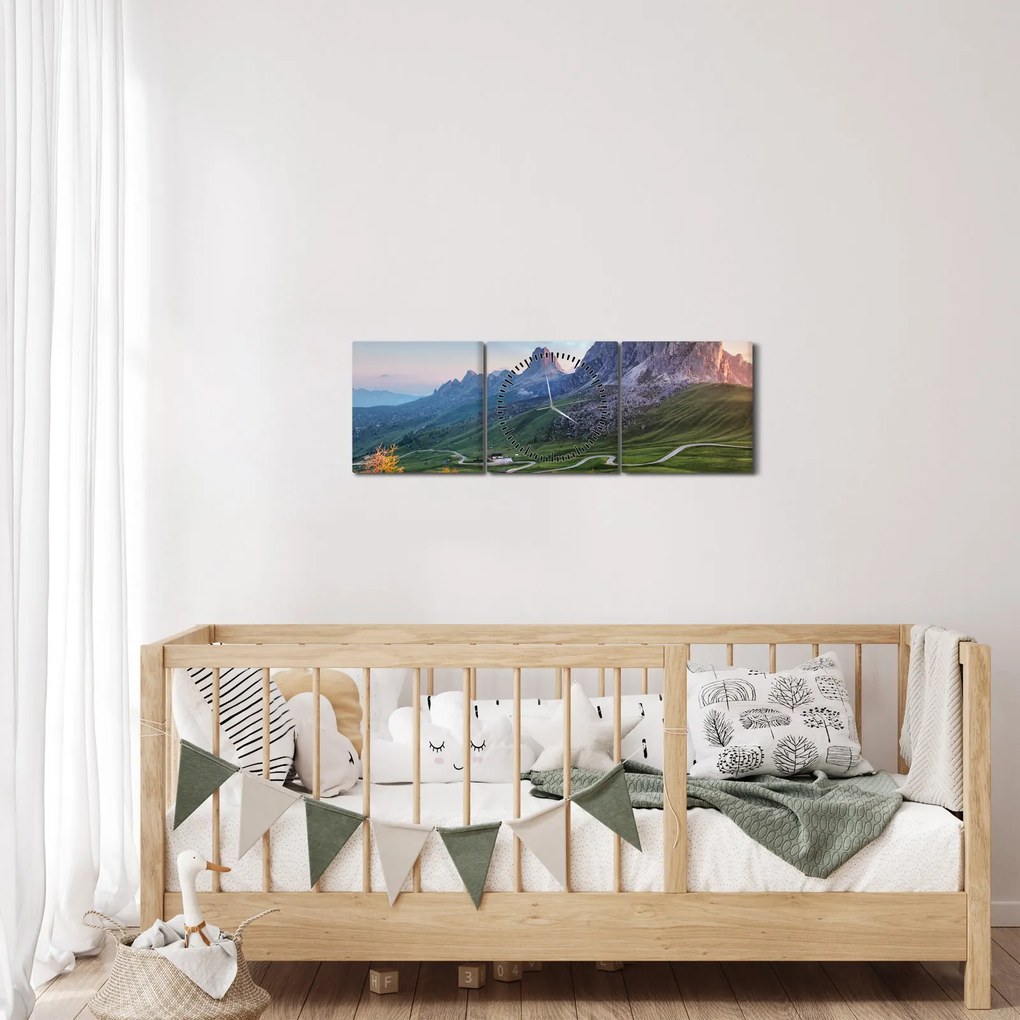 Obraz tęczy nad skałami (z zegarem) (90x30 cm)