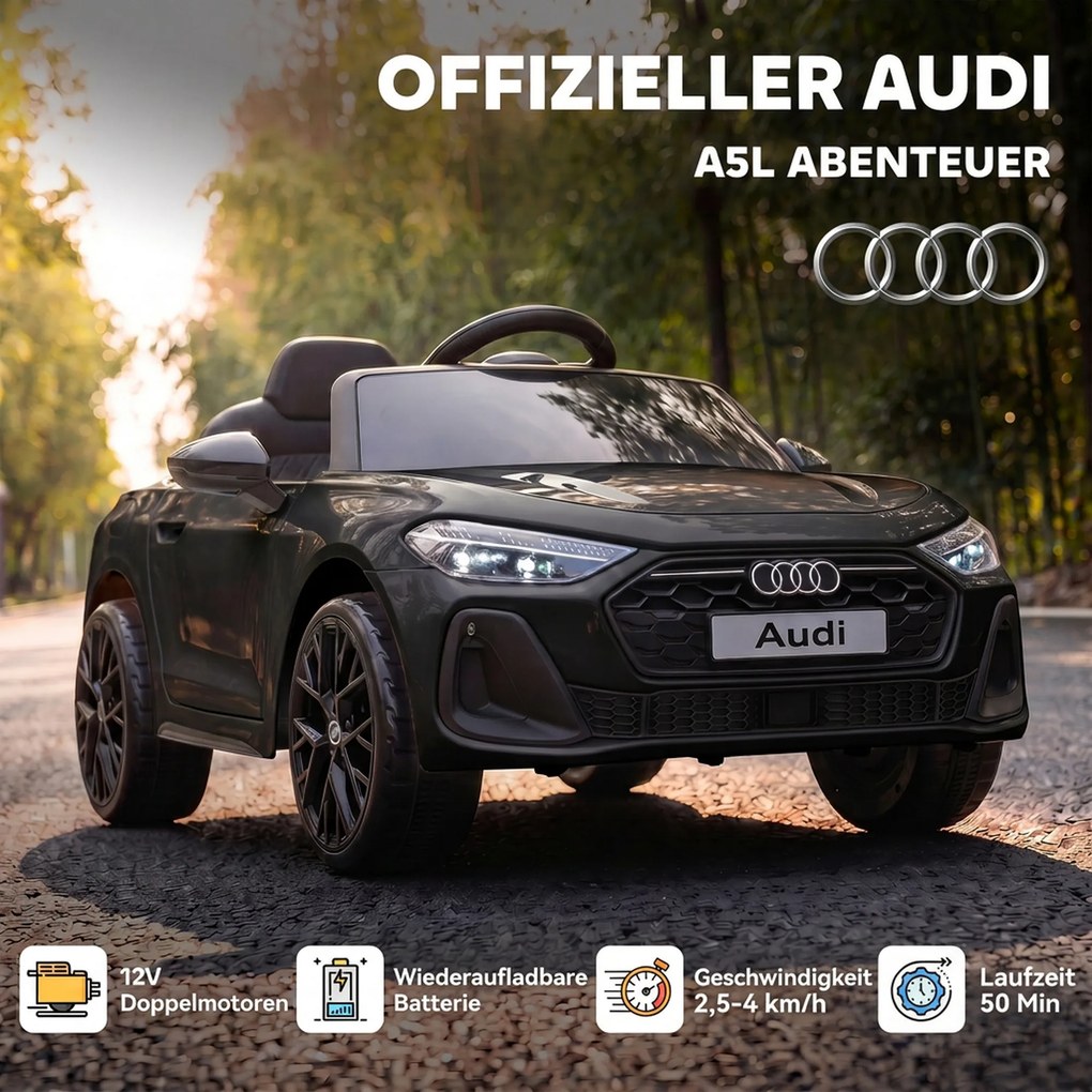 AIYAPLAY Elektryczny samochód dla dzieci Audi A5L 12V z pilotem 2,4 G, 2 silniki, akumulator litowy, miękki start, zawieszenie 4-kołowe | Aosom PL