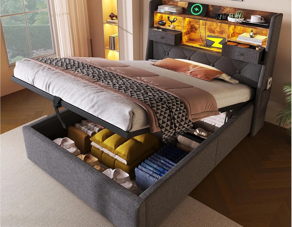 Łóżko z pojemnikiem tapicerowane 90x200cm - z LED - z 4 portami ładowania (USB/Type-C) - zagłówek z przechowywaniem - len - Szary (bez materaca)