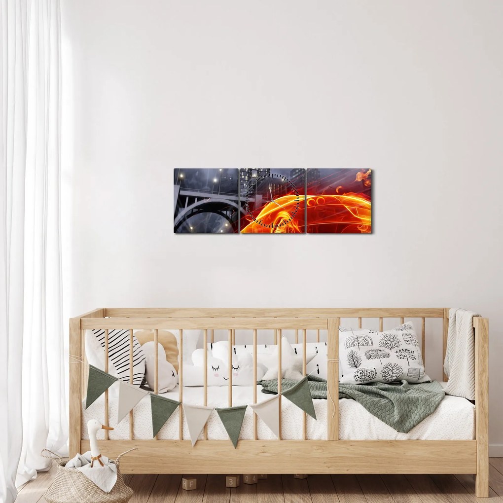 Obraz płonącego samochodu (z zegarem) (90x30 cm)