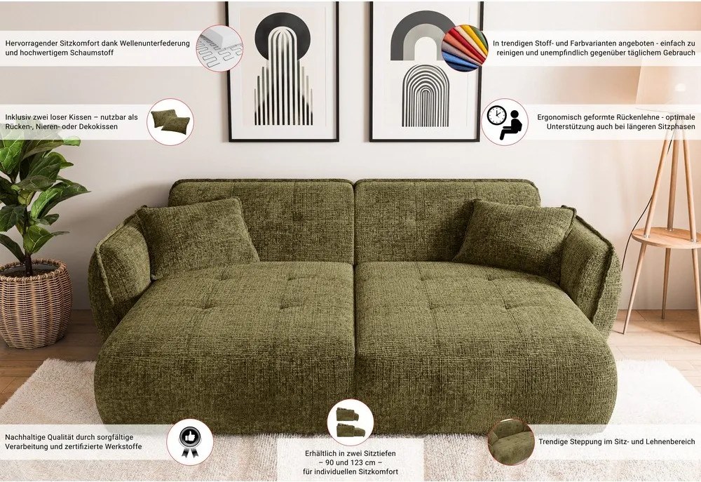 Zielona sofa z tkaniny szenilowej z szezlongiem 252 cm Nelia Big – Ropez