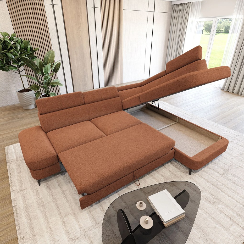 Masseno Narożnik AVISE z funkcją spania i pojemnikiem na pościel Narozniki L, Rozkładana sofa - Miedziany, QUELLE 54