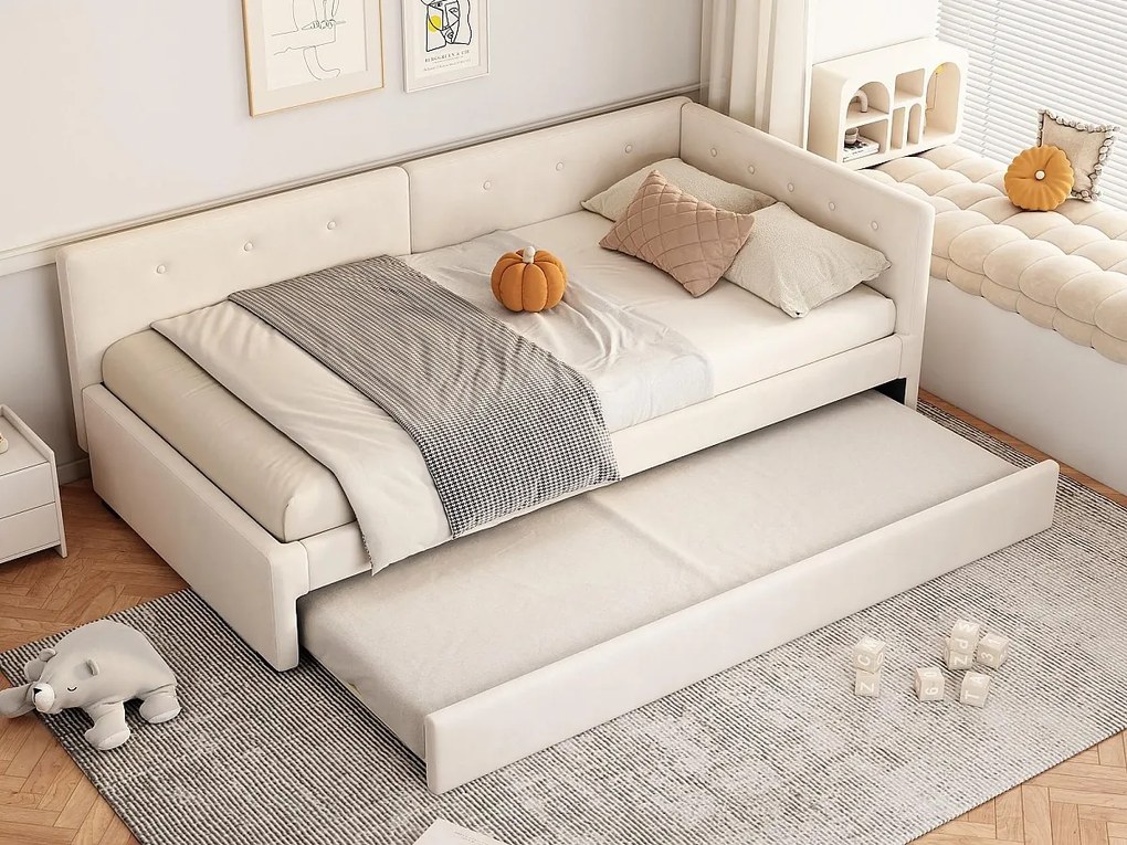 Łóżko tapicerowane welurowe 90x200cm + łóżko wysuwane 90x190cm - Beżowe