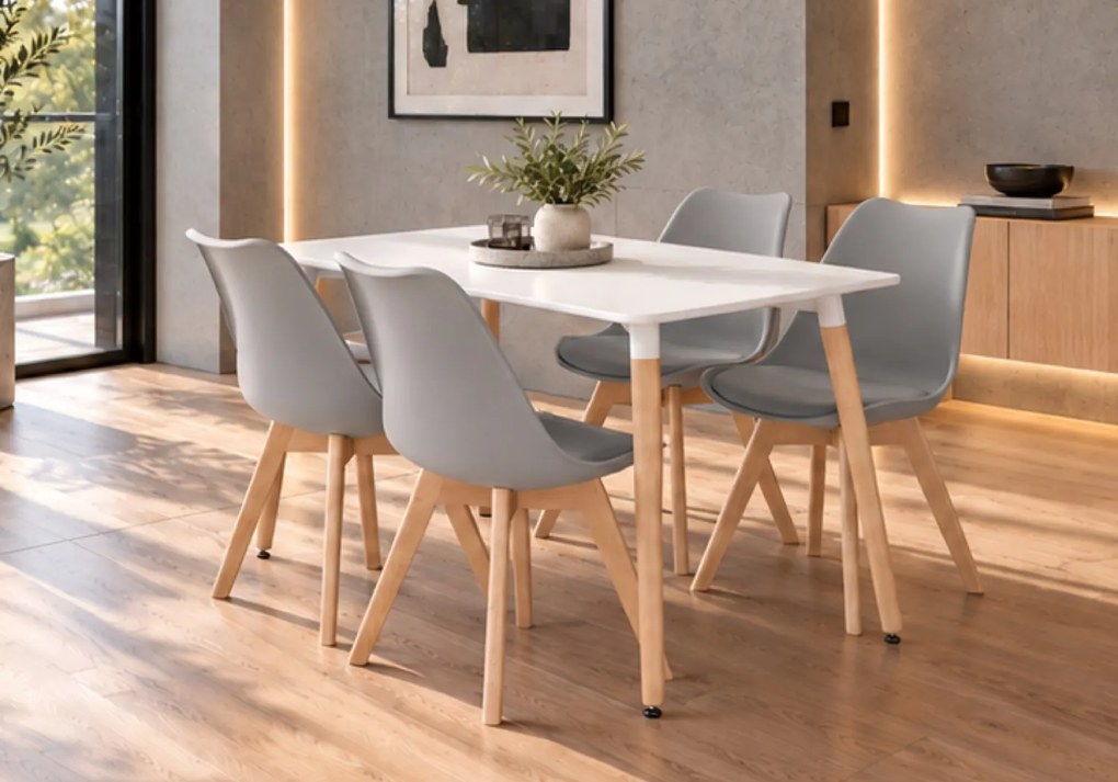 Zestaw stół z krzesłami Dolmo 017 - stół 120x80 cm biały i 4 szare krzesła