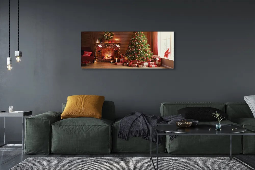 Zdjęcie na płótnie Kominek, Choinka, Prezenty i Lampki