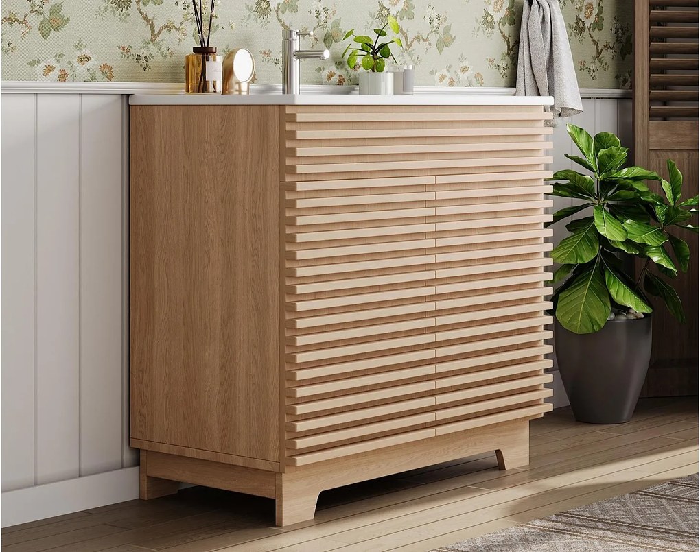 Meble łazienkowe na nogach - Zintegrowana umywalka - 2 drzwi i wbudowane półki - MDF - Naturalny