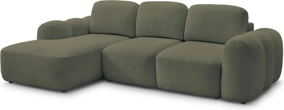 Zielony rozkładany/ze schowkiem narożnik z materiału bouclé (lewostronny/z szezlongiem) Montaigne – Bobochic Paris