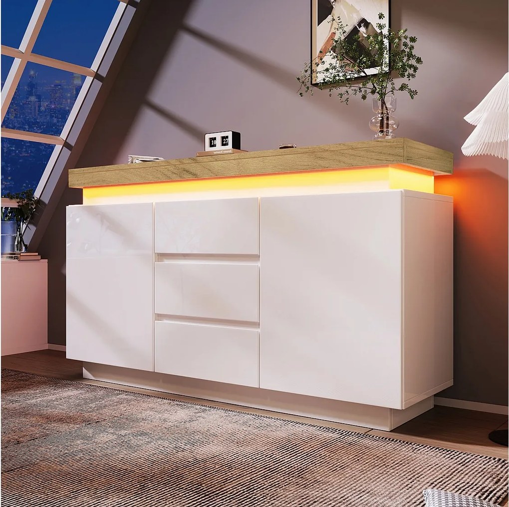 Komoda z 2 drzwiami i 3 szufladami - 140 x 39 x 81 cm - Diody LED - Płyta wiórowa - do salonu, sypialni - Biała