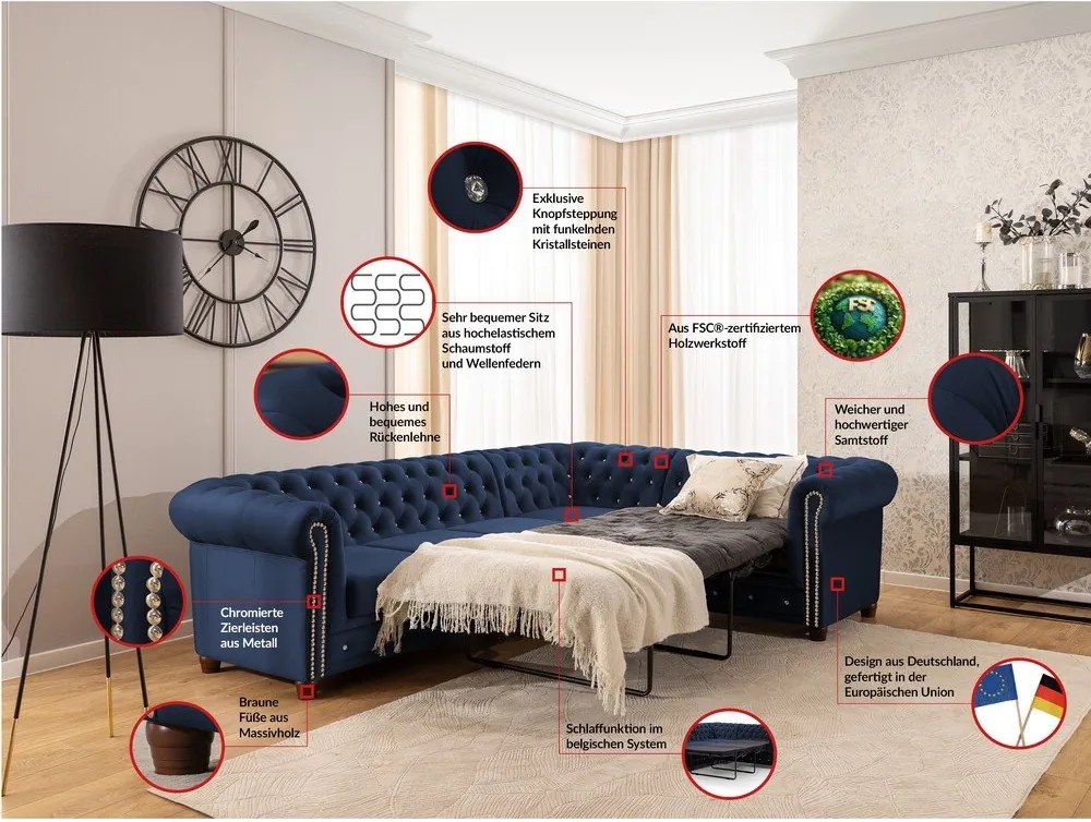 Niebieski aksamitny rozkładany narożnik (prawostronny/w kształcie litery L) York Blik – Ropez