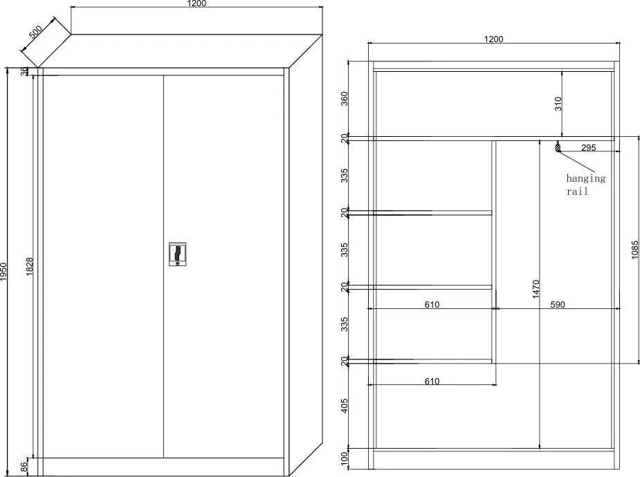 Uniwersalna szafka metalowa, 4 półki, 1950 x 1200 x 500 mm, niebieskie drzwi