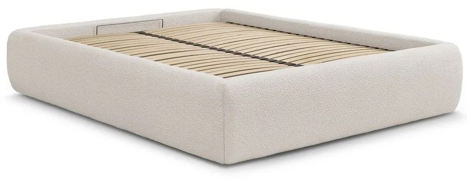 Białe tapicerowane łóżko dwuosobowe bez zagłówka ze schowkiem i stelażem 160x200 cm Inera – Bobochic Paris