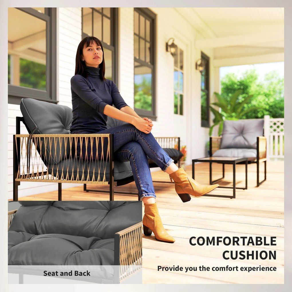 Outsunny Zestaw mebli ogrodowych, 4-elementowy, Sofa, 2 Krzesła, Stolik z blatem szklanym, Konstrukcja metalowa, Polyrattan, Antracyt