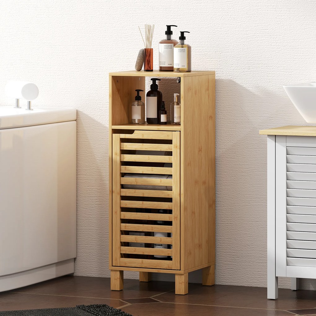 HOMCOM Szafka łazienkowa, otwarta półka, szafka, drewno bambusowe, drzwi żaluzjowe, jasnobrązowy | Aosom PL