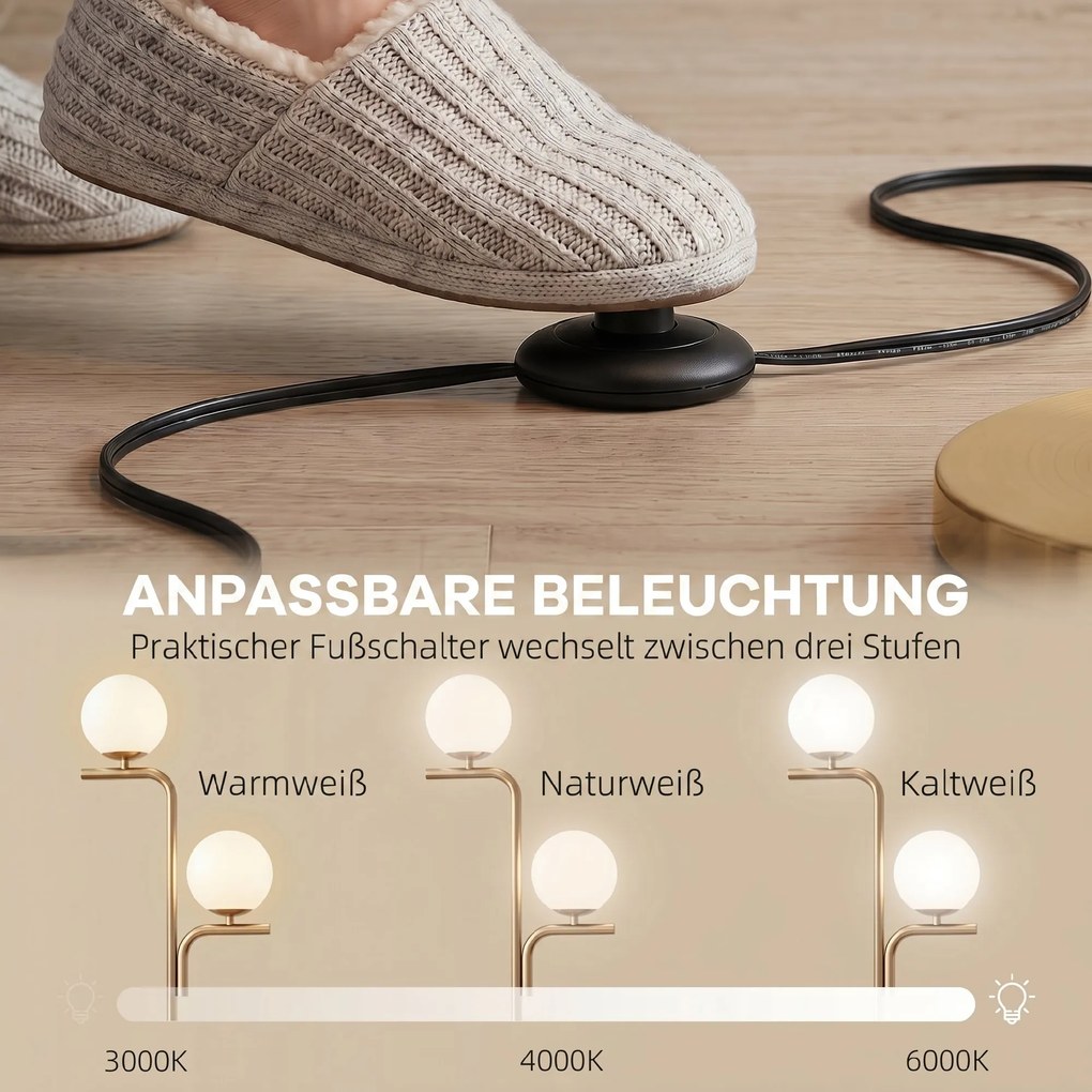 HOMCOM Lampa stojąca LED, nowoczesna lampa z 3 temperaturami barw, szklanymi kloszami i przełącznikiem nożnym, złota | Aosom PL