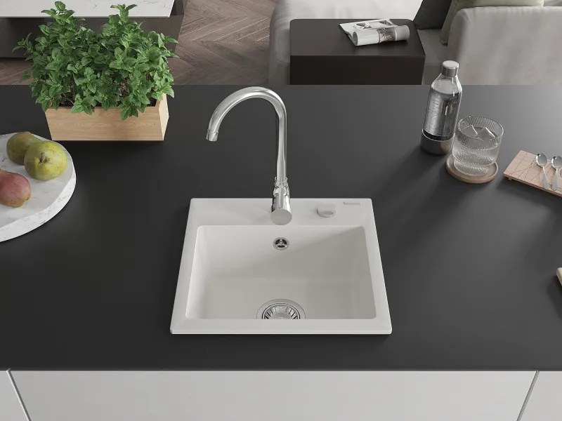 Mexen Milo zlewozmywak granitowy 1-komorowy 435 x 410 mm, biały, syfon chrom - 6505441000-20