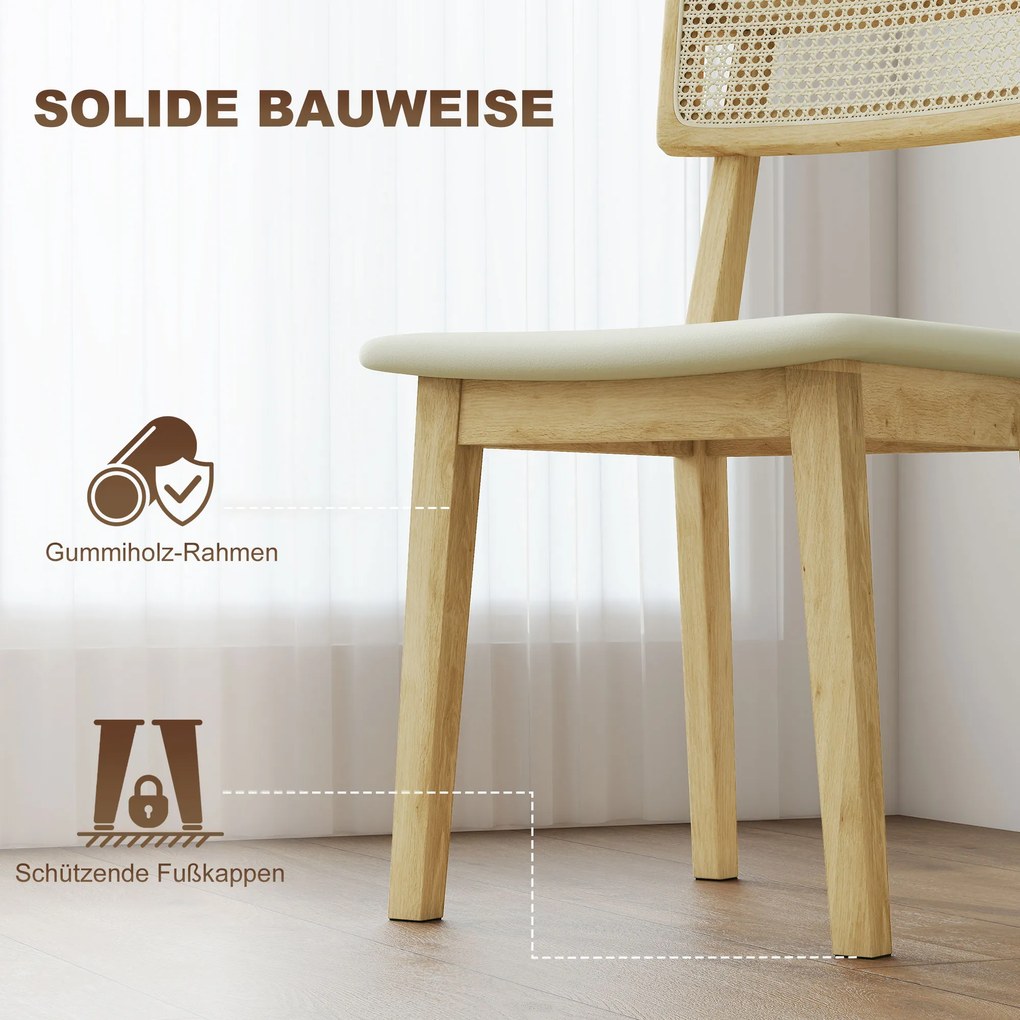 HOMCOM Krzesło jadalniane, oparcie z rattanu, siedzisko z sztucznej skóry, drewno gumowe, naturalne drewno