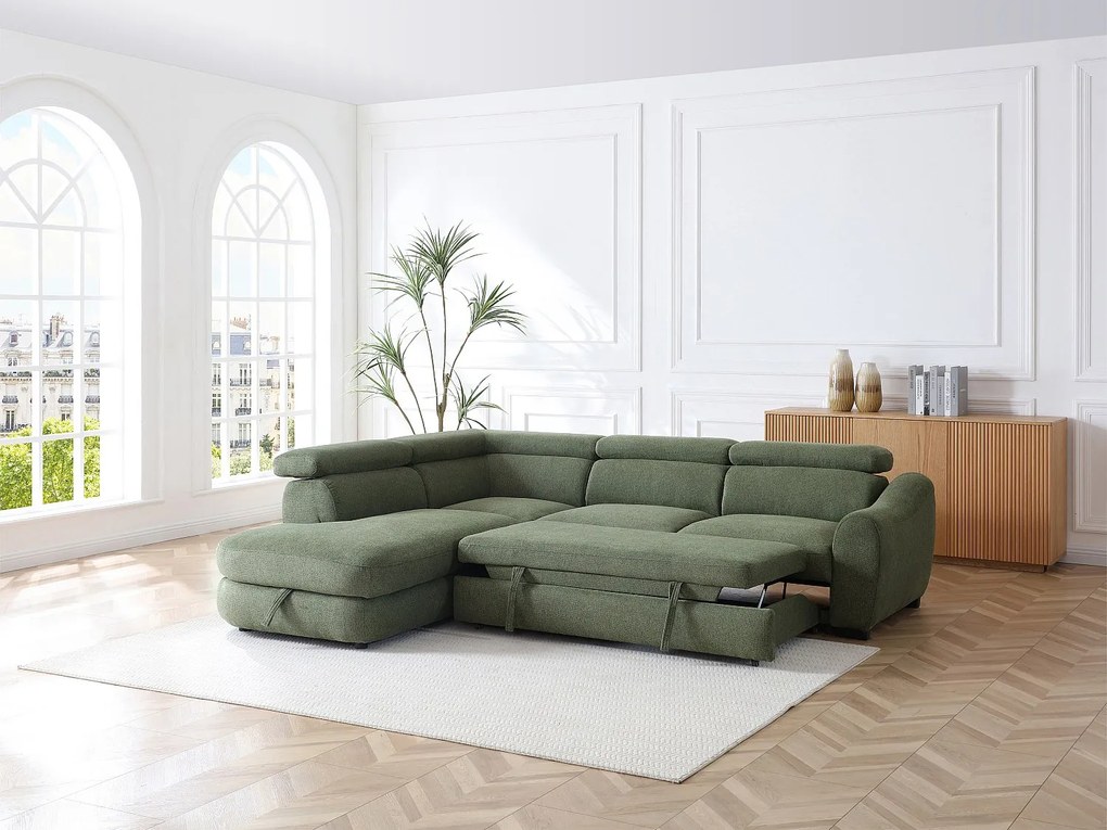 Kanapa narożna rozkładana lewostronna z  zielonej tkaniny teksturowanej BESEMA