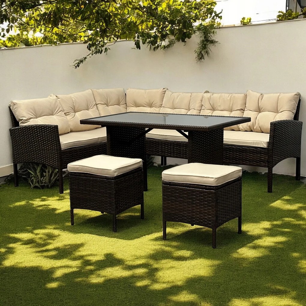 Duży zestaw mebli ogrodowych z narożnikiem Cuba 079 brąz, poduszki beżowe