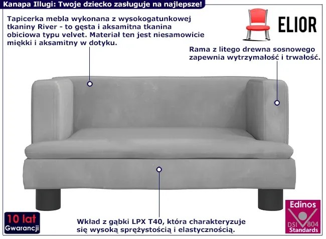 Jasnoszara aksamitna kanapa dziecięca - Arista