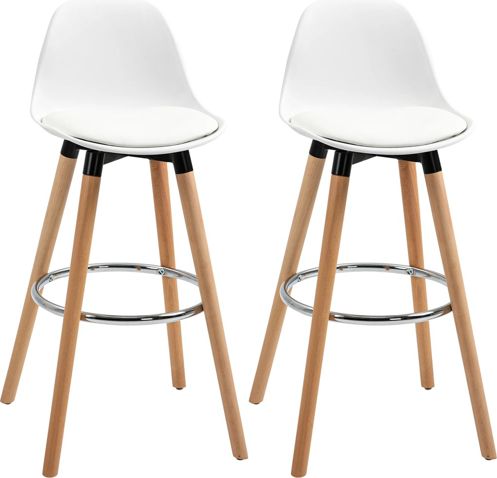 HOMCOM Zestaw 2 krzeseł barowych skandynawskich z podnóżkiem białe drewniane nowoczesne | Aosom PL
