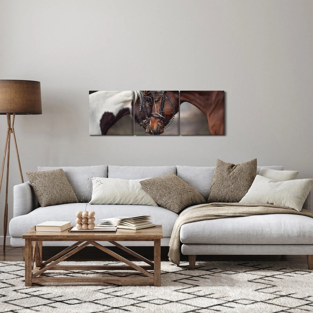 Obraz - Zakochane konie (z zegarem) (90x30 cm)