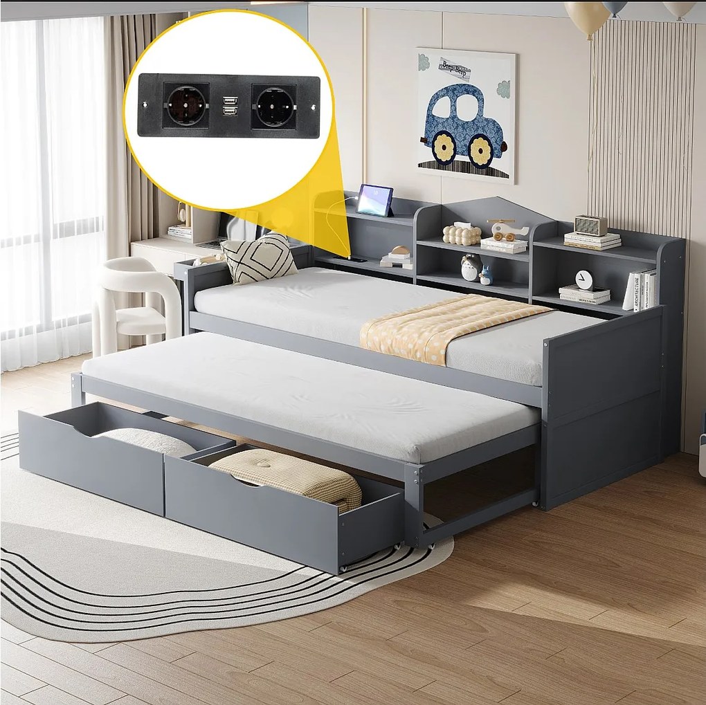 Łóżko dziecięce 90x200 cm - z 2 szufladami i dużym schowkiem - szary