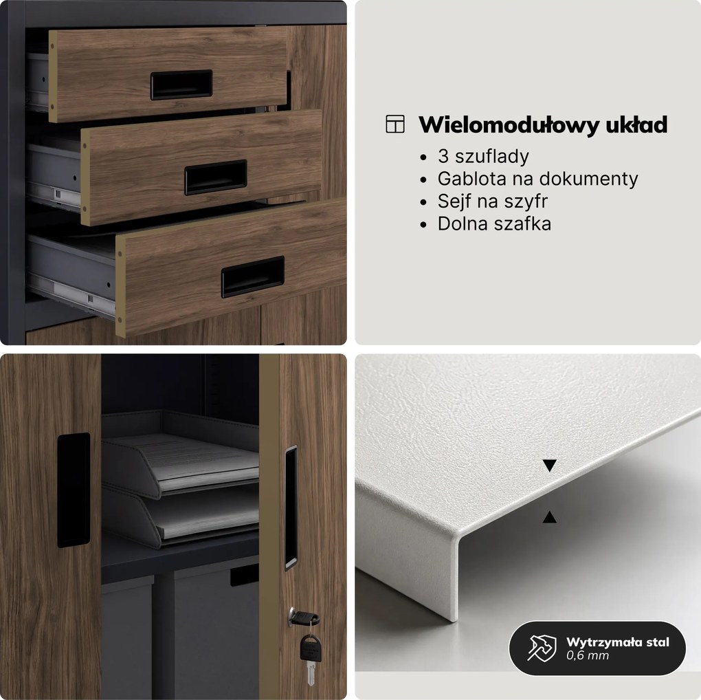 Szafa biurowa metalowa z sejfem antracytowa/orzech, 900x1850x400 mm: FILIP II Eco Design