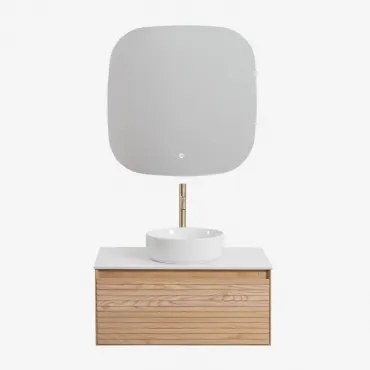 Zestaw Wiszących Mebli Łazienkowych Z Drewna Jesionowego Tedrik Popielaty Brąz & Okrągły Ceramiczny Biały Ø40 - Sklum