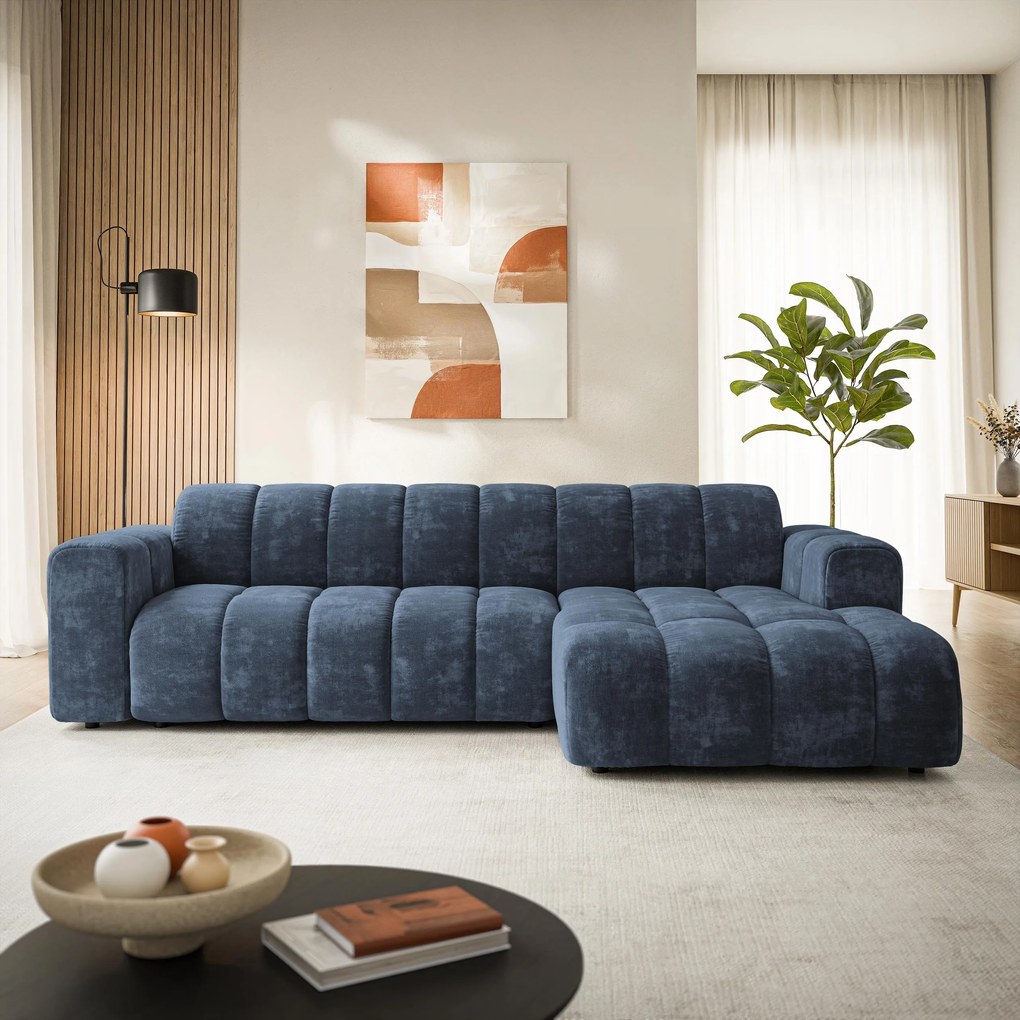Masseno Narożnik SETIA Prawostronny, L-Kształtny, Nowoczesna Sofa narożna, Tkanina Szenilowa - Niebieski, LUMO 05