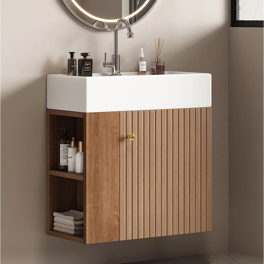 Szafka łazienkowa wisząca z umywalką - 55 x 31 x 66,5 cm - z 1 drzwiami i półką - MDF - brązowa