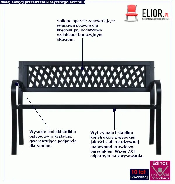 Zewnętrzna metalowa ławka ogrodowa z okuciem w romby - Lenwa
