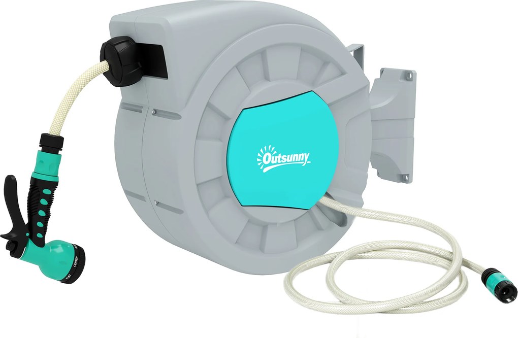Outsunny Uchwyt na wąż ogrodowy, 25+2 metry wąż ogrodowy w solidnej obudowie, montaż ścienny, 7 wzorów natrysku, obrót o 180°, Szary