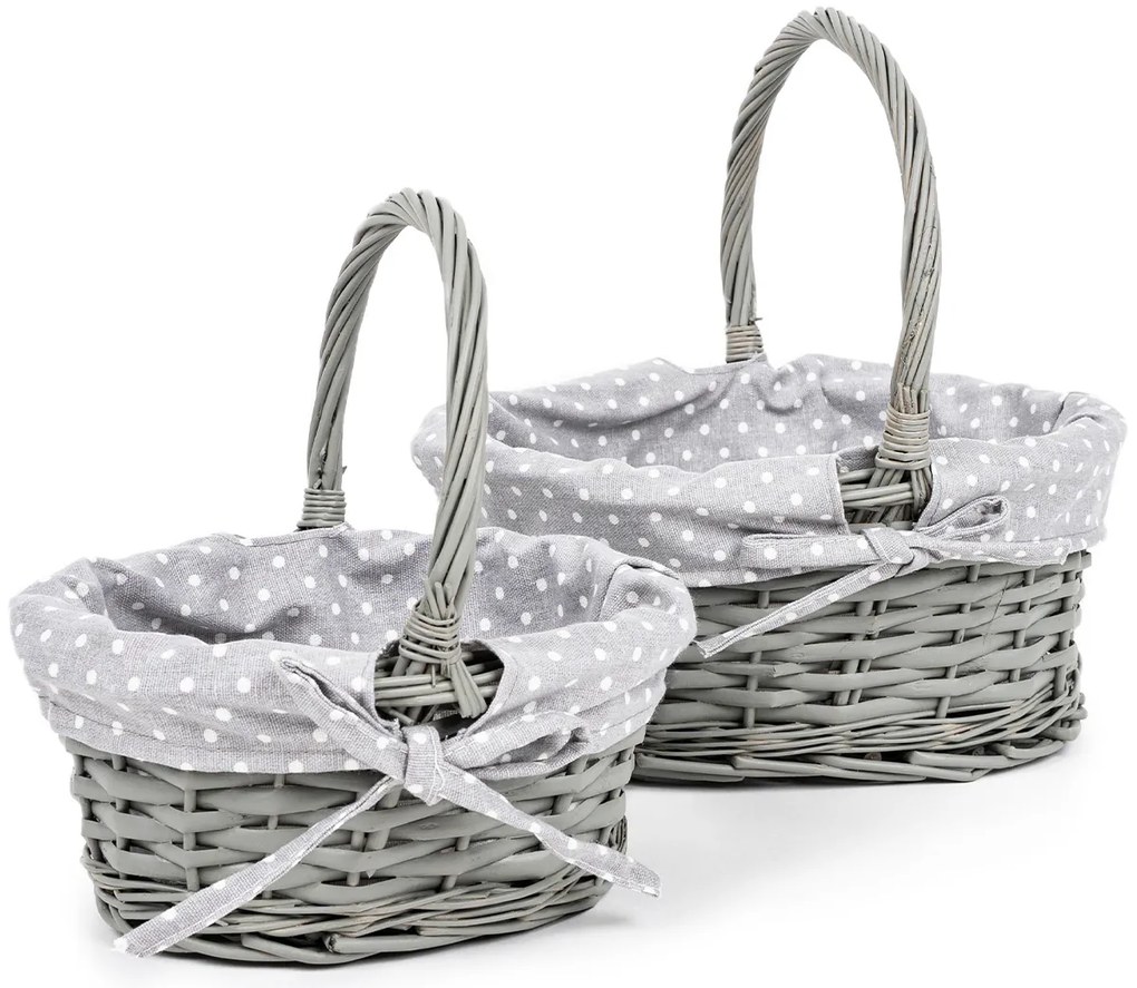 Zestaw koszy wiklinowych z tkaniną Szara kropka, 2 szt., 2 rozmiary, 26 x 28 x 22 cm